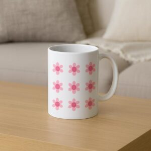 White Ceramic Mug with Pink Daisy Flower Design – Cute Floral Coffee Cup, Tea Mug, Gift for Her, Aesthetic Drinkware