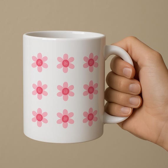White Ceramic Mug with Pink Daisy Flower Design – Cute Floral Coffee Cup, Tea Mug, Gift for Her, Aesthetic Drinkware