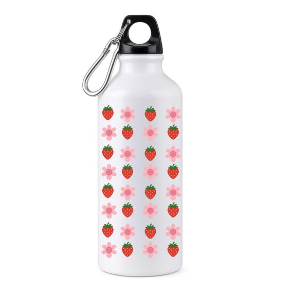 Strawberry & Flower Pattern Flask – 500ml White Aluminum Water Bottle