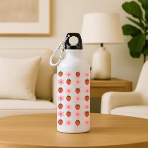Strawberry & Flower Pattern Flask – 500ml White Aluminum Water Bottle