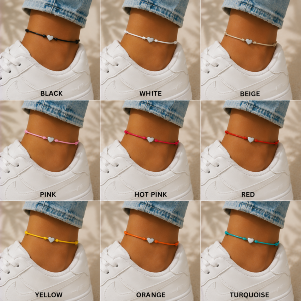 Adjustable Cotton Cord Anklet Silver heart charm