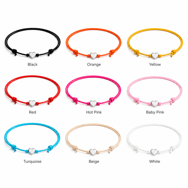Adjustable Cotton Cord Anklet Silver heart charm